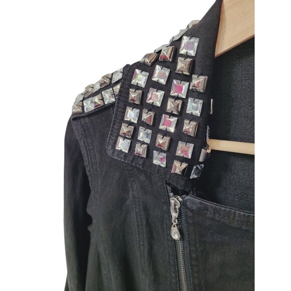 DG2 Moto Jacket M Black Denim Jean Rhinestone Trim Zippers Pockets Epaulets - Picture 11 of 16